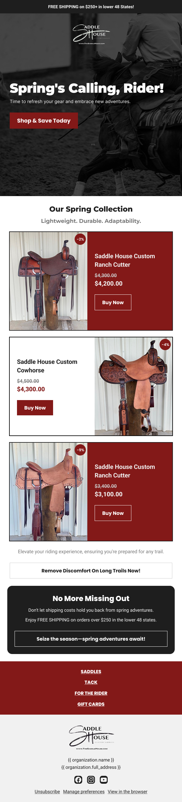 The Saddle House Spring Riding Gear Refresh email design